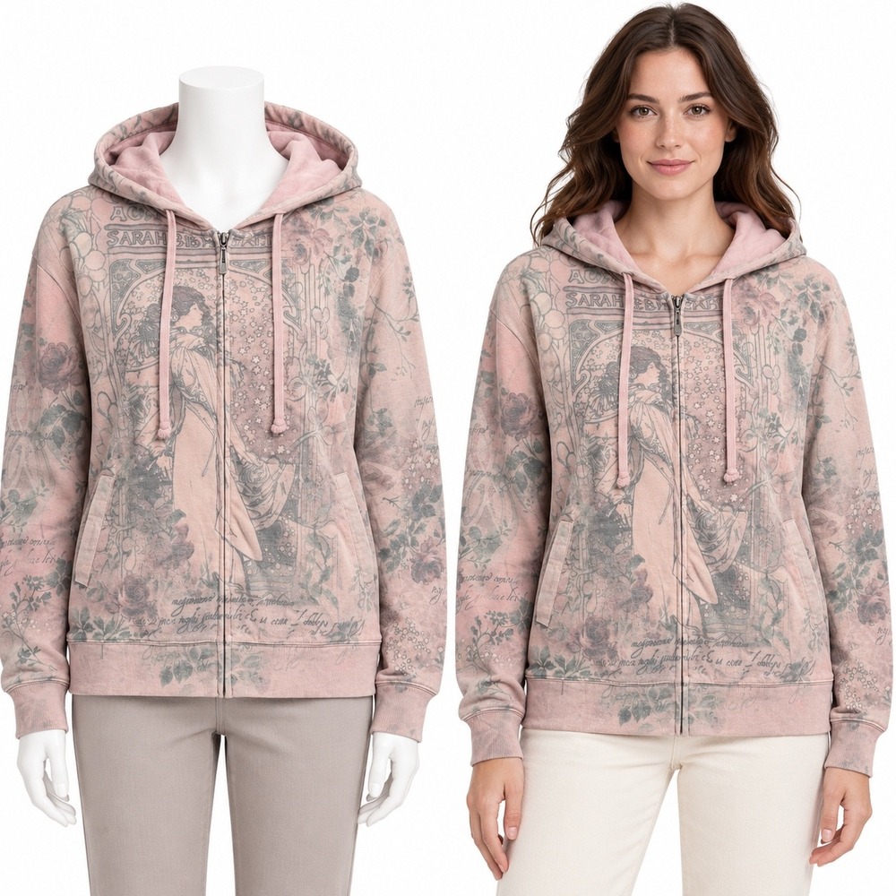 Green Tea Hoodie Womens XL Pink Art Nouveau Sarah Bernhardt Graphic Zip Jacket